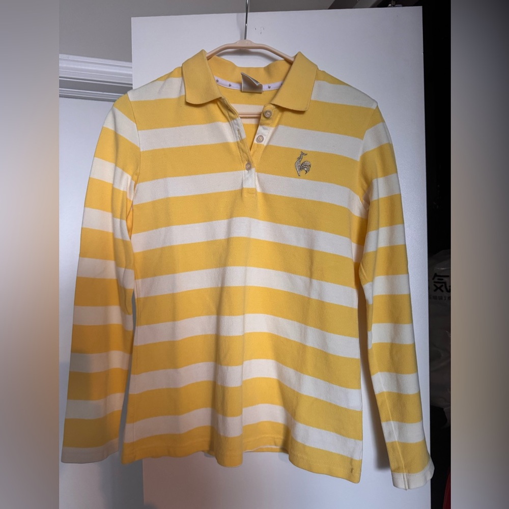 Le Coq Sportif Yellow and White Striped Polo Top